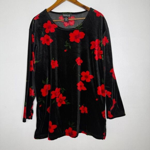 Style & Co 2X Black Red Velvet Floral Top Boho Romantic Stretch Soft - Picture 1 of 6